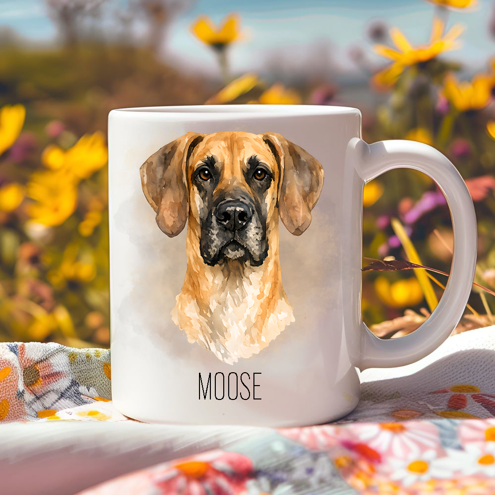 Bright yellow flowers surround this lovely personalised ceramic mug depicting a headshot of a Fawn Great Dane.  The mug is placed on a floral multicoloured tablecloth.