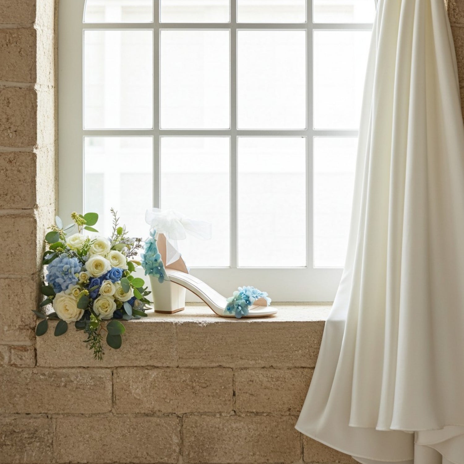 Bridal shoe with floral design next to a bouquet of flowers on a windowsill.