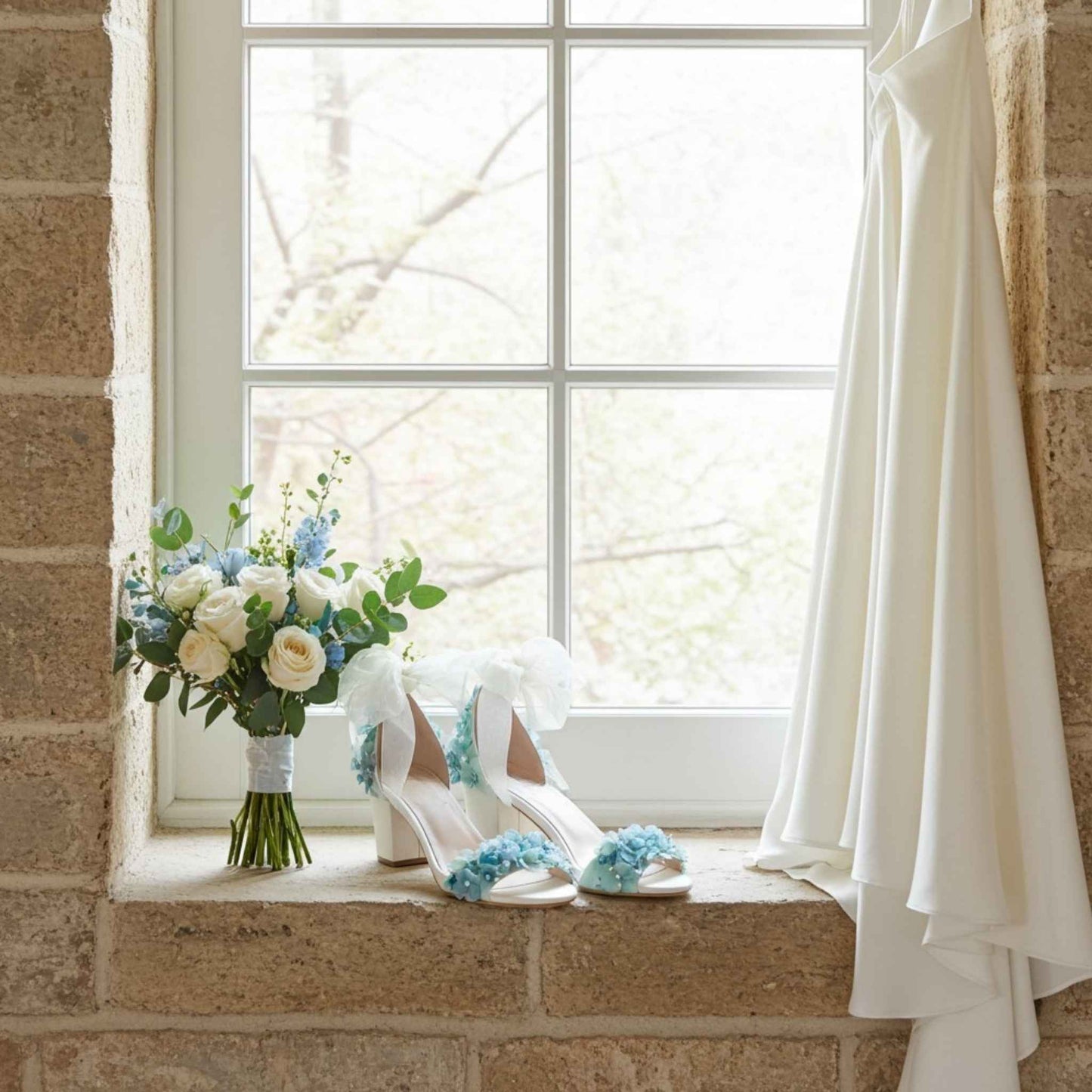 Bridal shoes with floral decorations and a bouquet on a stone window sill.