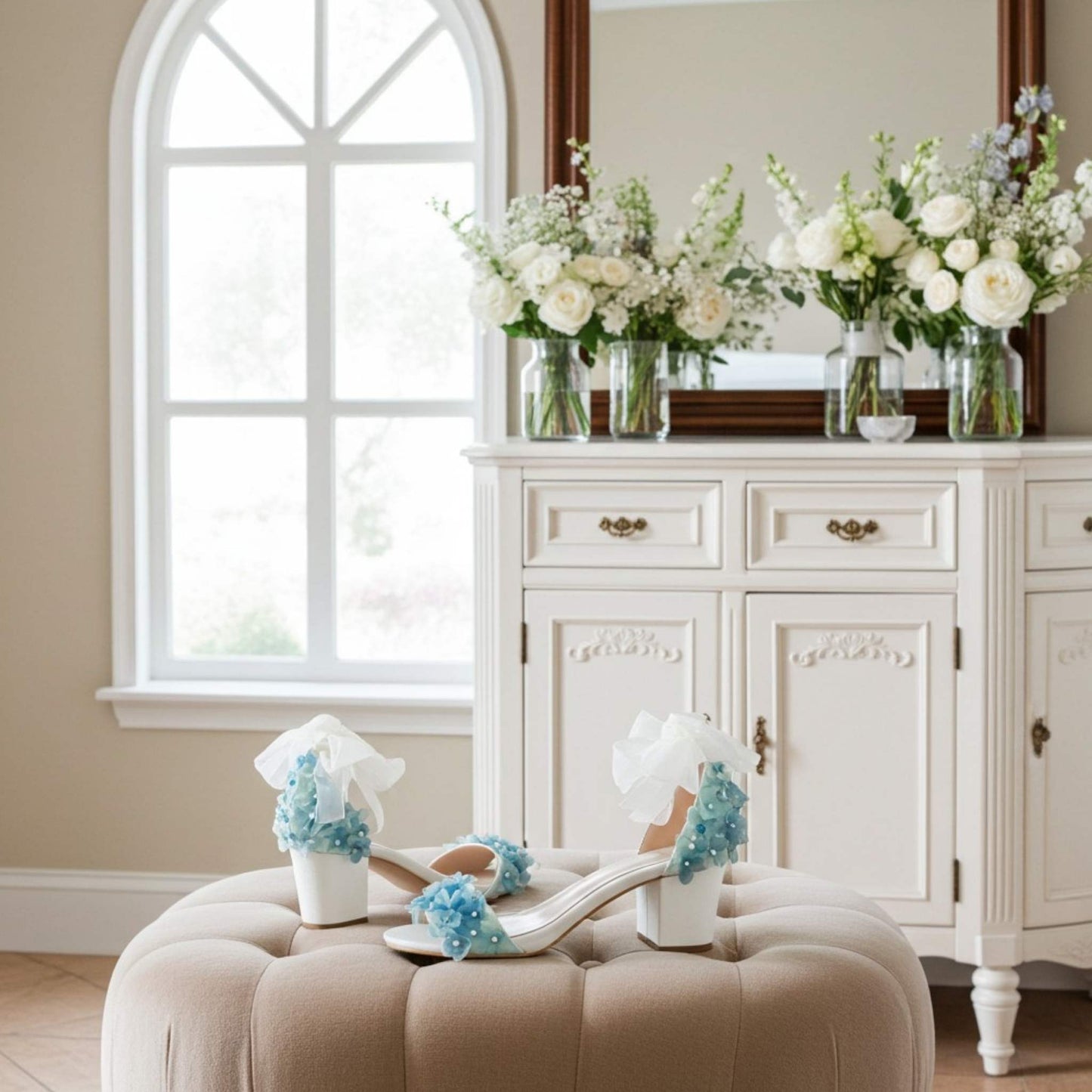 Ivory high-heeled shoes with blue decorations on a beige ottoman in a room with white cabinets and flowers.