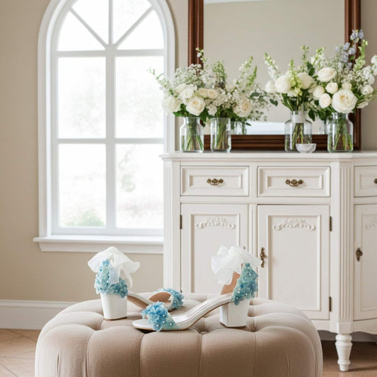 Ivory high-heeled shoes with blue decorations on a beige ottoman in a room with white cabinets and flowers.