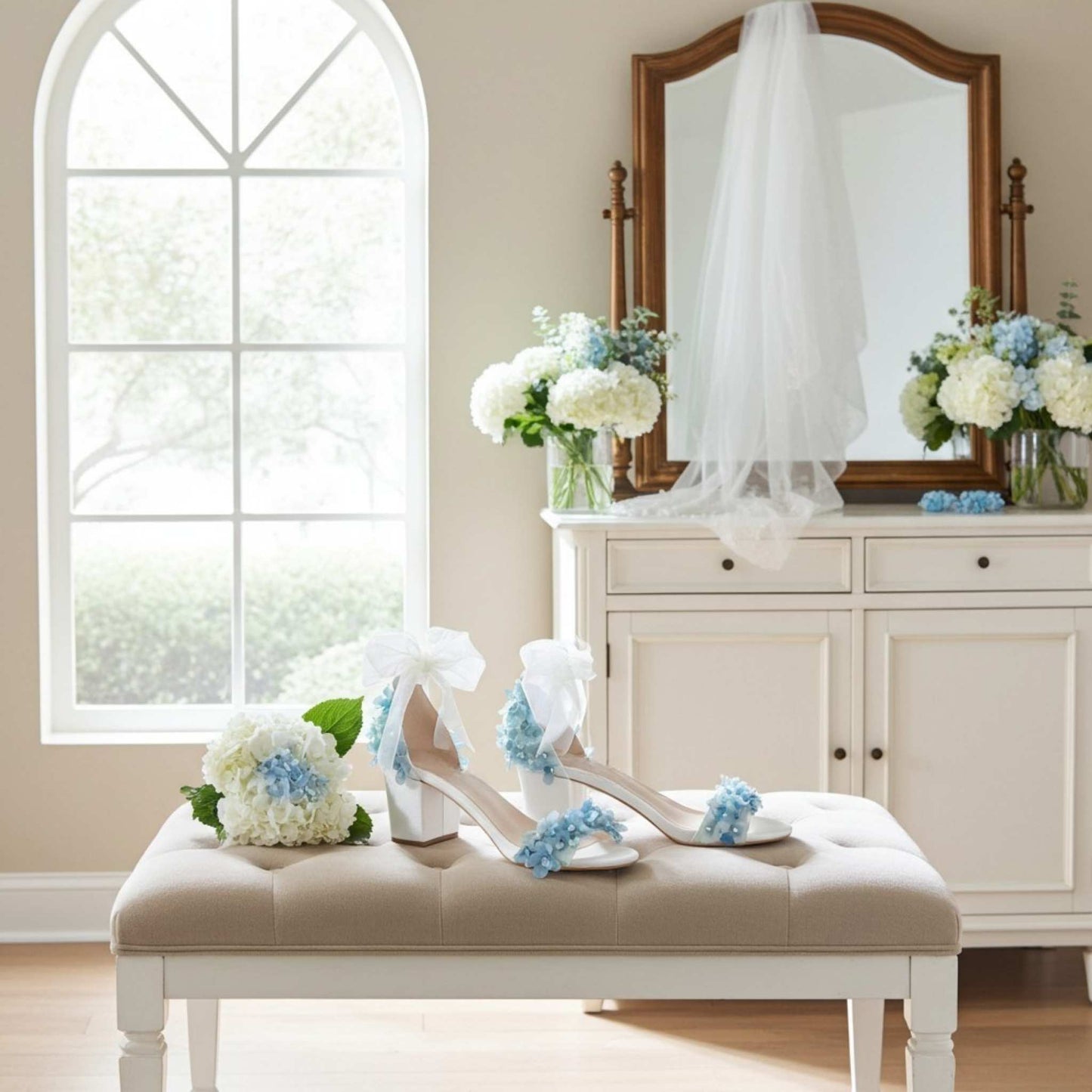 Ivory wedding shoes with blue flowers on a bench in a room with a mirror and flowers.