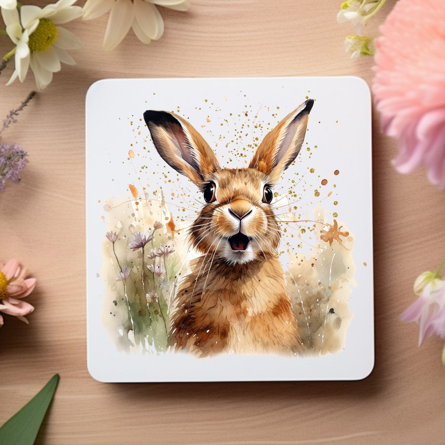 A Spring Hare sits among lilac and orange spring wildflowers on a white coaster.   The coaster is placed on a wooden surface flowers decorating the outer edge.