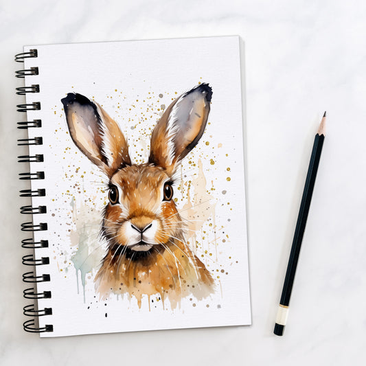 White spiral bound notebook, with a brown hare facing forward on a speckled background. A pencil is laid to the side.