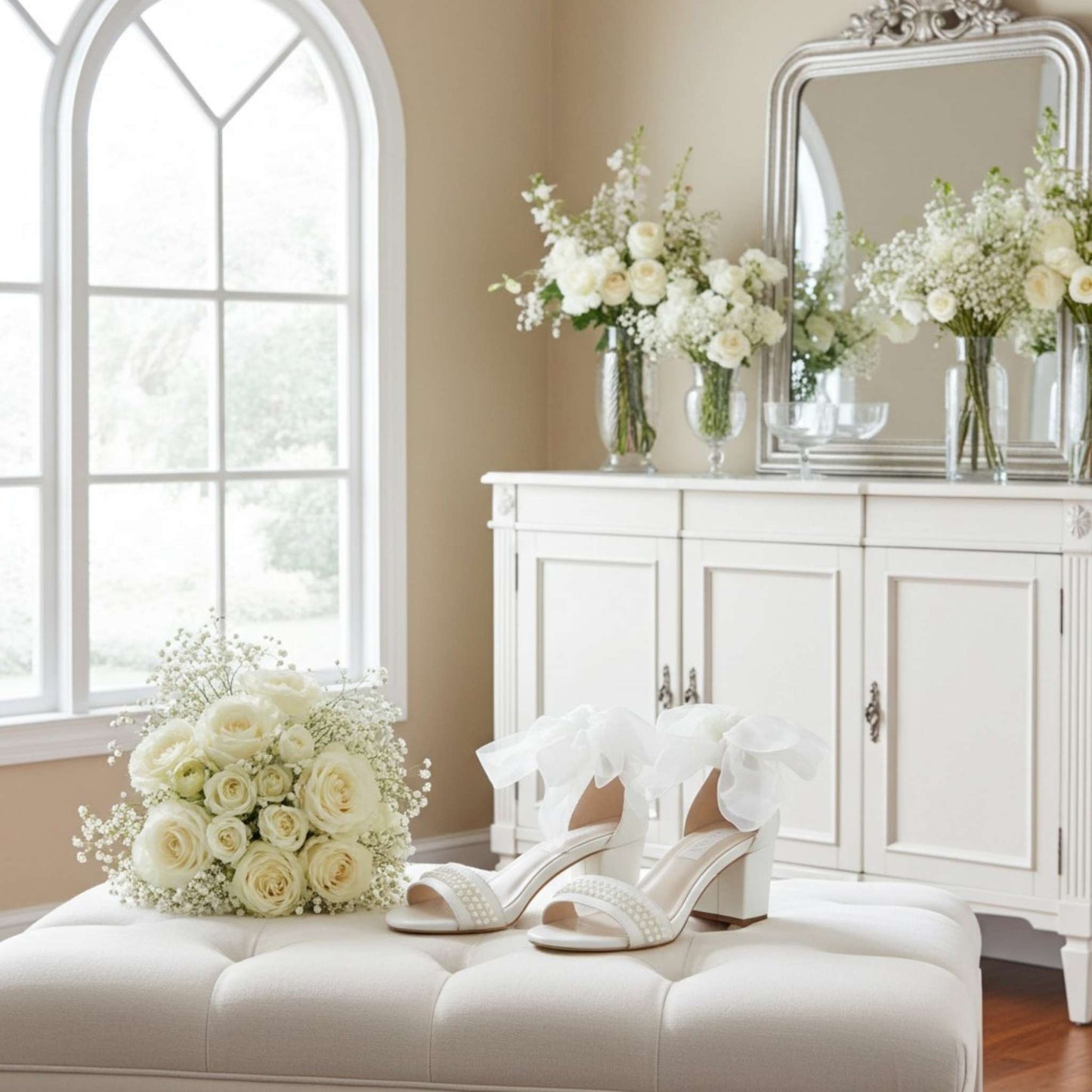 Ivory wedding shoes and bouquet on a white ottoman with a mirror and flowers in the background.