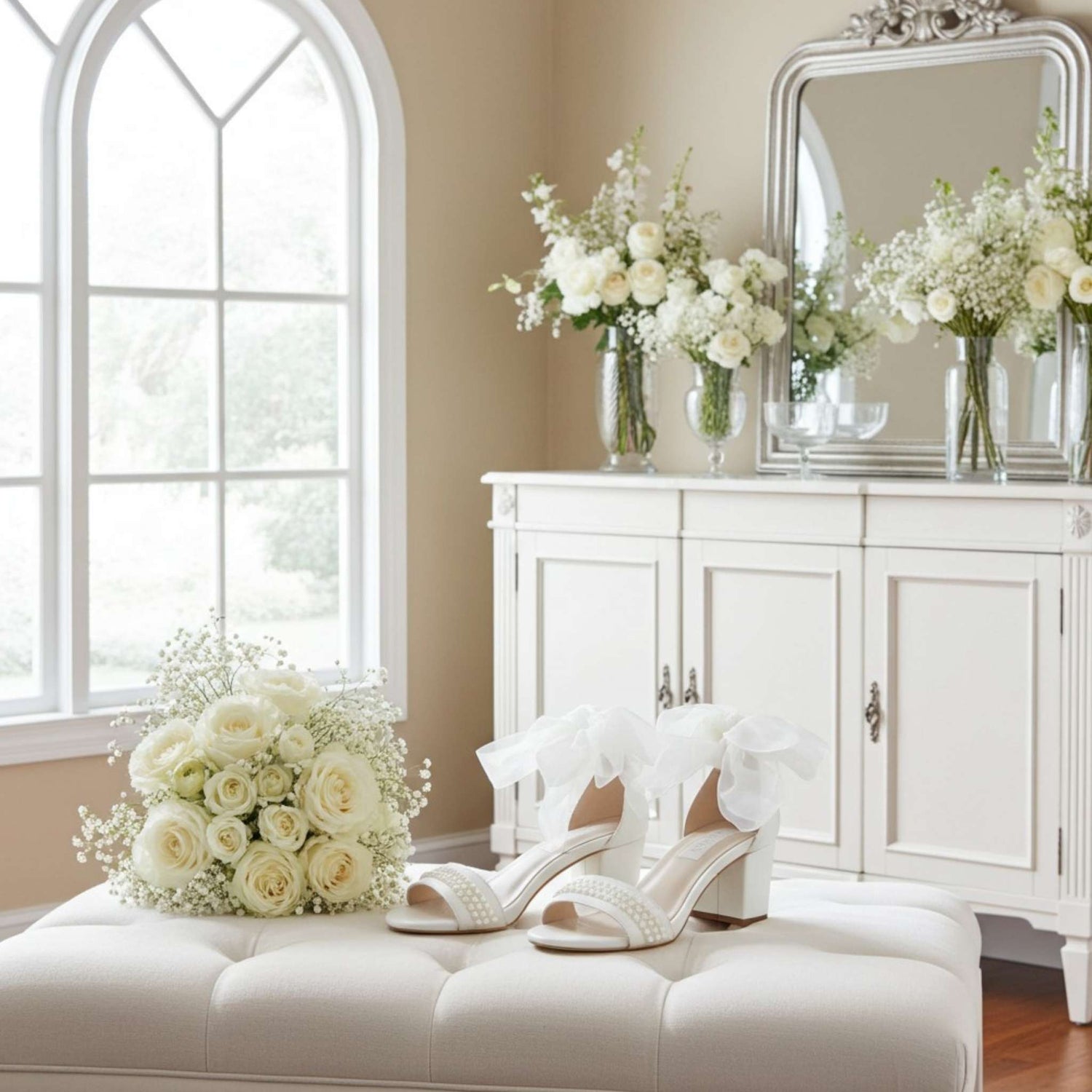 Ivory wedding shoes and bouquet on a white ottoman with a mirror and flowers in the background.