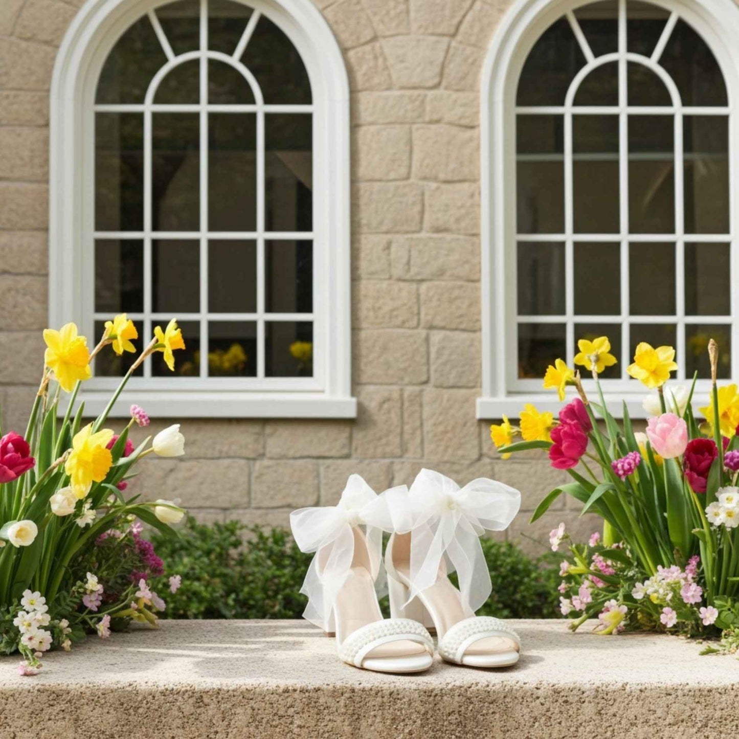 Ivory sandals with ribbons on a ledge with flowers in front of a stone building with arched windows.