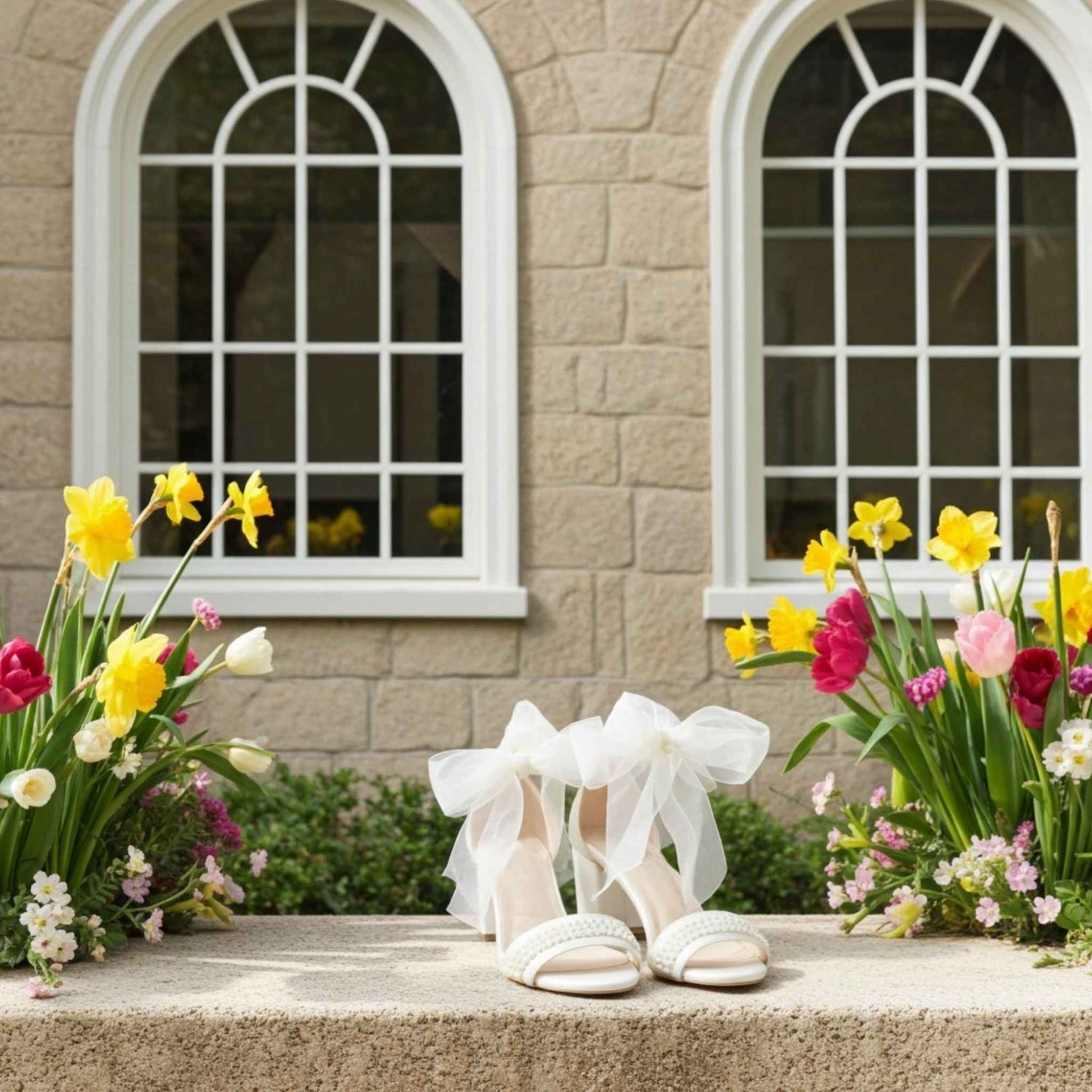 Ivory sandals with ribbons on a ledge with flowers in front of a stone building with arched windows.