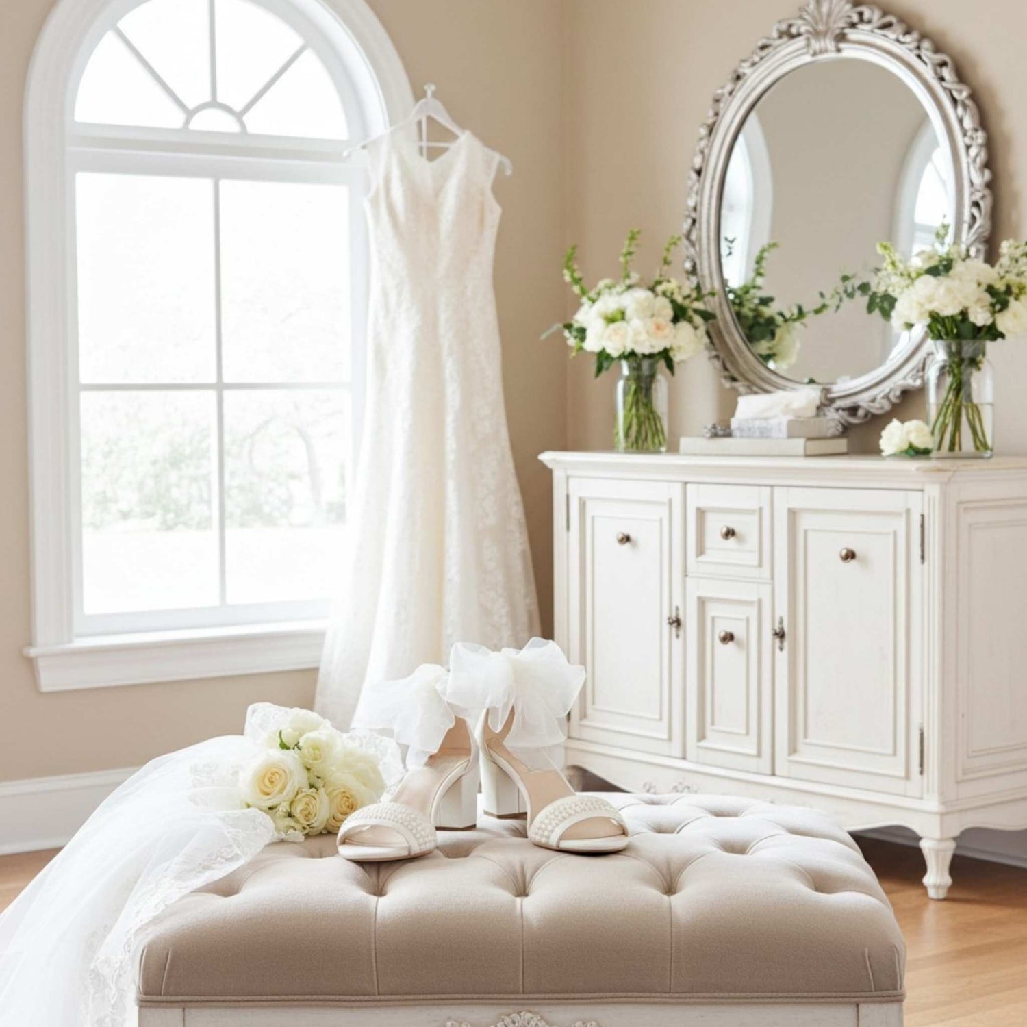 Ivory wedding dress on a rack with shoes and flowers on a bench in a room with a mirror and dresser.
