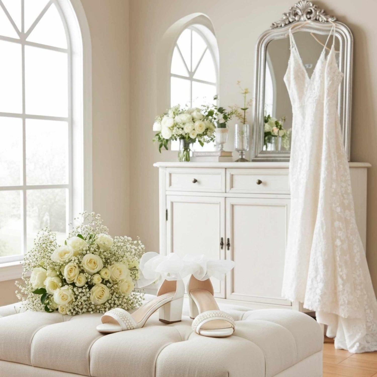 Wedding dress hanging on a mirror in a room with flowers and wedding shoes on a bench.