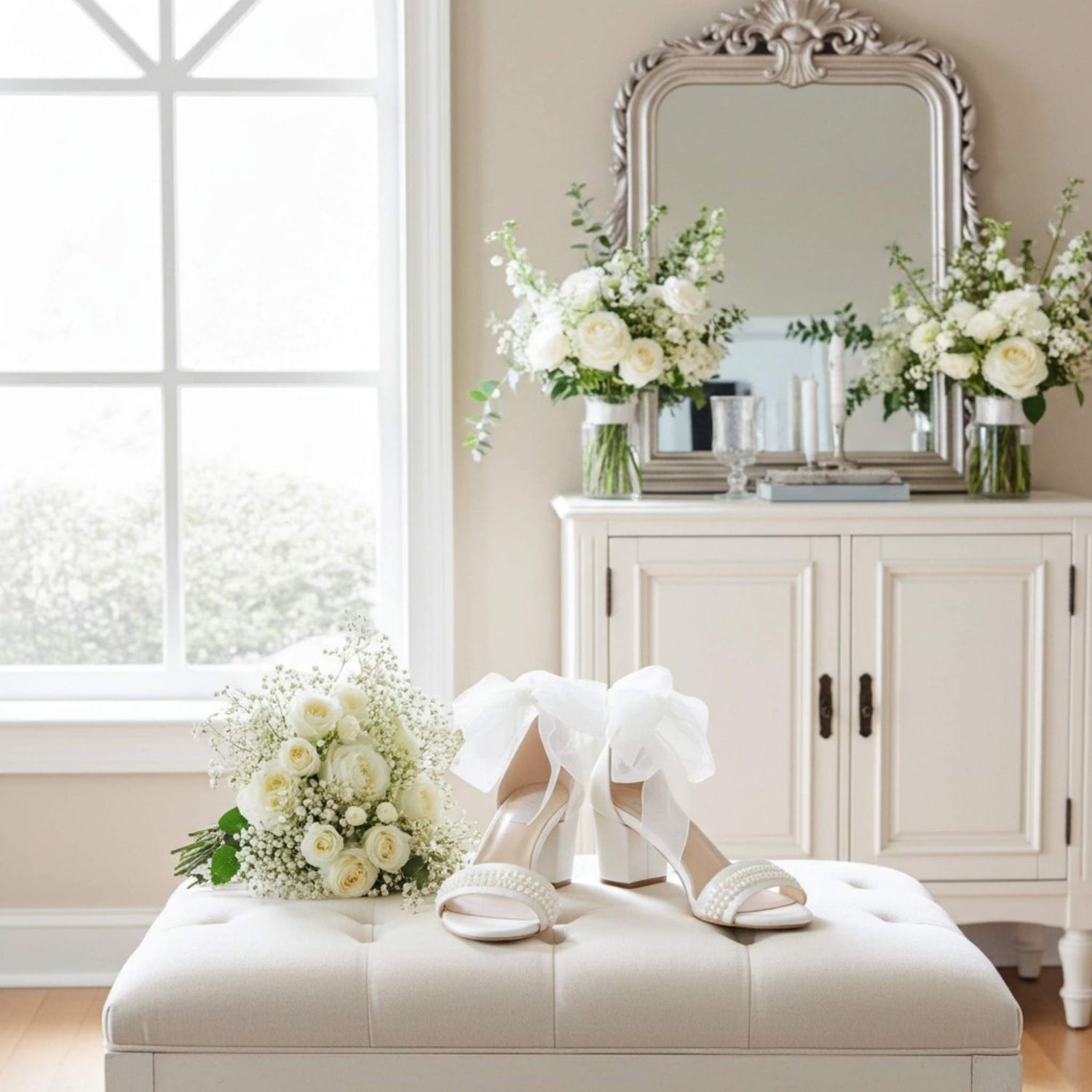 Ivory wedding shoes with ribbons on a white ottoman in a room with flowers and a mirror.