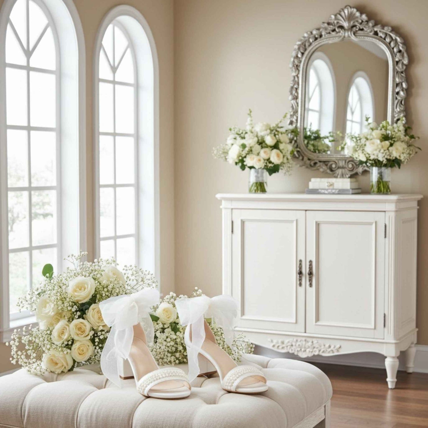 White bridal sandals on a ottoman with floral arrangements and a decorative mirror in the background.
