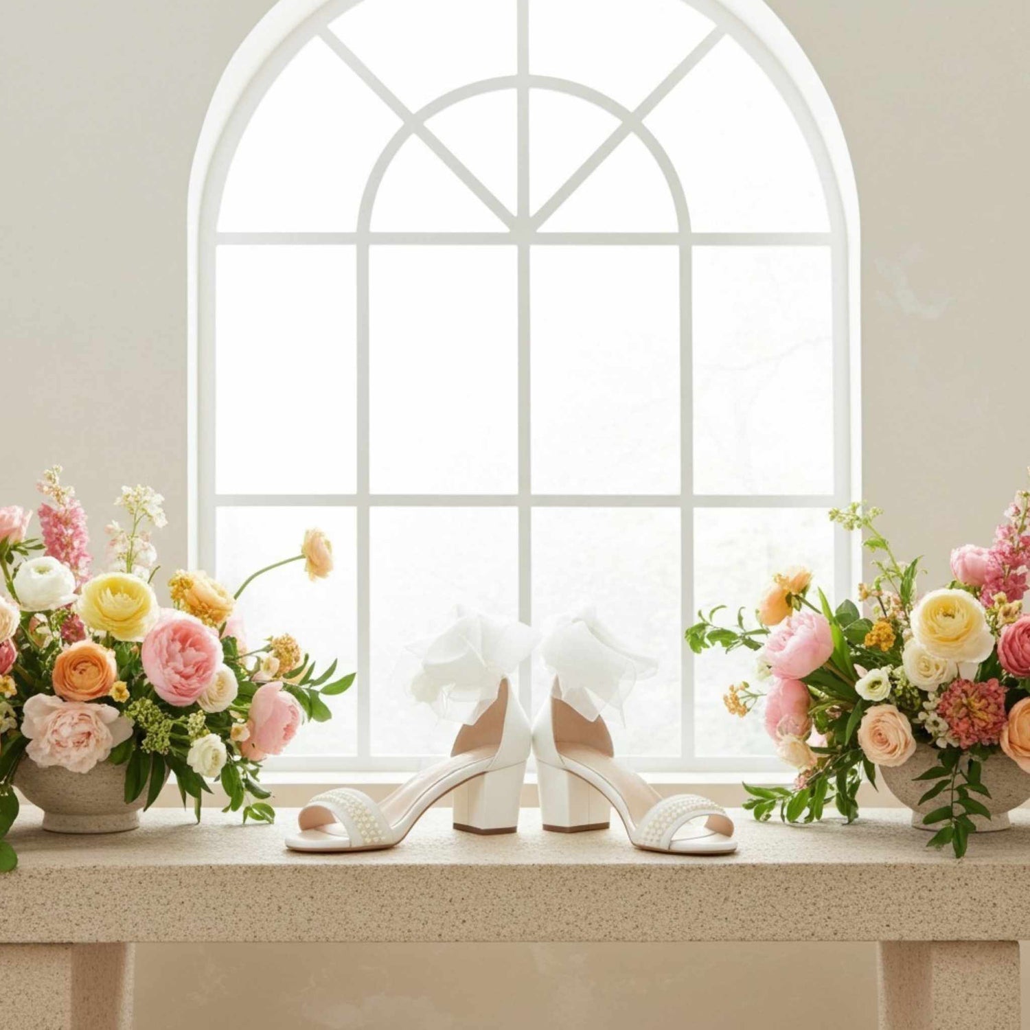 Ivory pearl wedding shoes with ribbons on a table in front of a window with floral arrangements.
