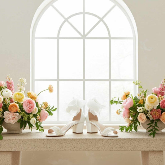Ivory pearl wedding shoes with ribbons on a table in front of a window with floral arrangements.