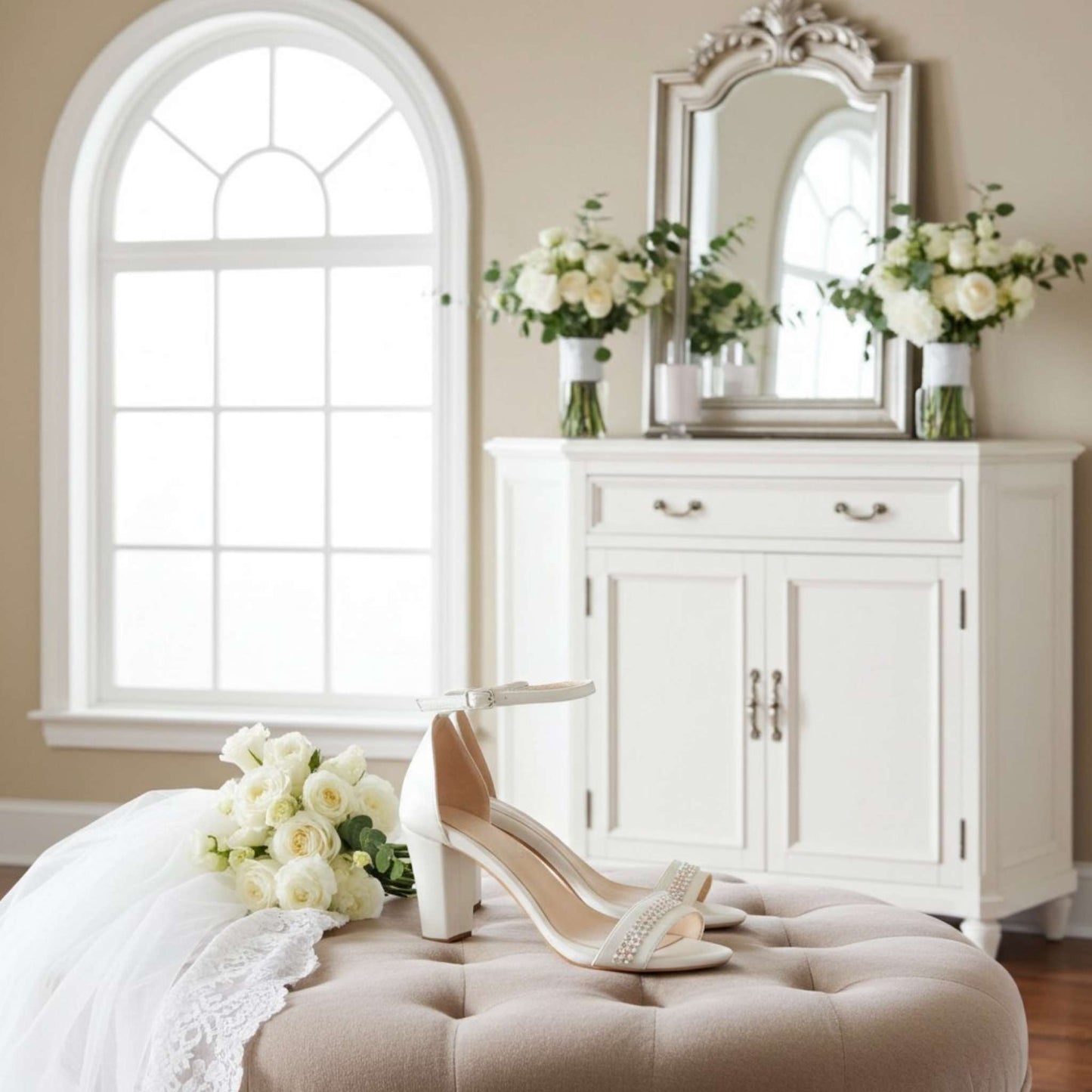 Ivory high-heeled shoes with crystals on a beige ottoman with a decorative mirror and flowers in the background.