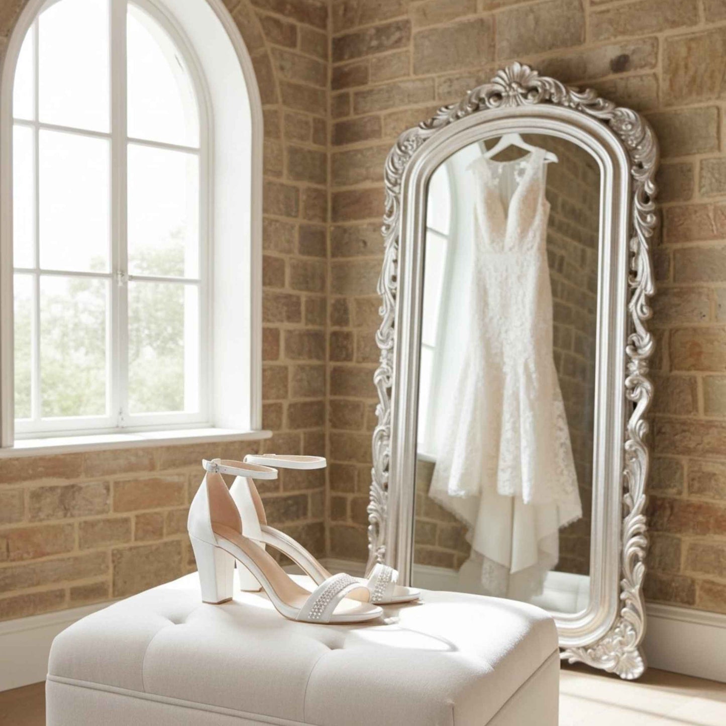 Ivory wedding dress and shoes on a white ottoman with a decorative mirror in a room with brick walls and a window.