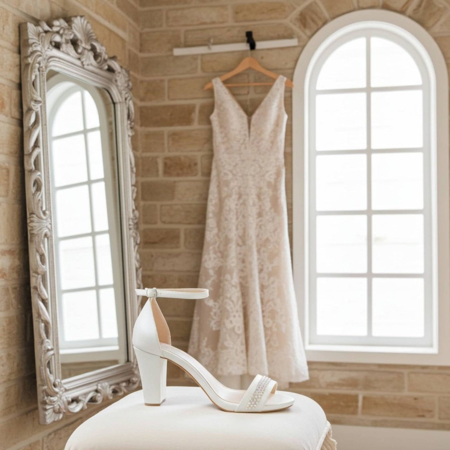 White wedding dress hanging on a brick wall with a decorative mirror and ivory block heel bridal shoes on a stool.