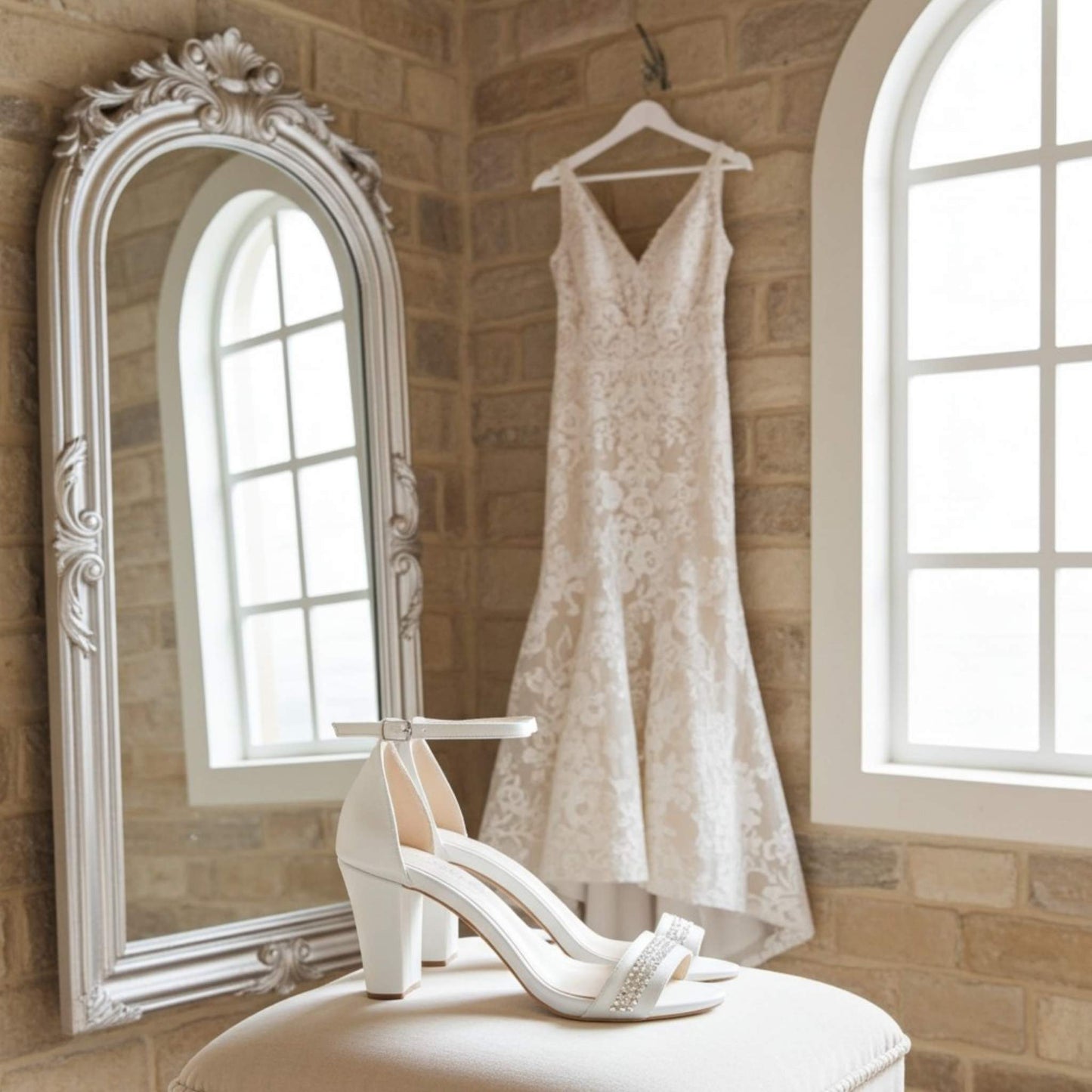 Ivory block heel wedding shoes with AB crystals, wedding dress hanging on a brick wall with a mirror.
