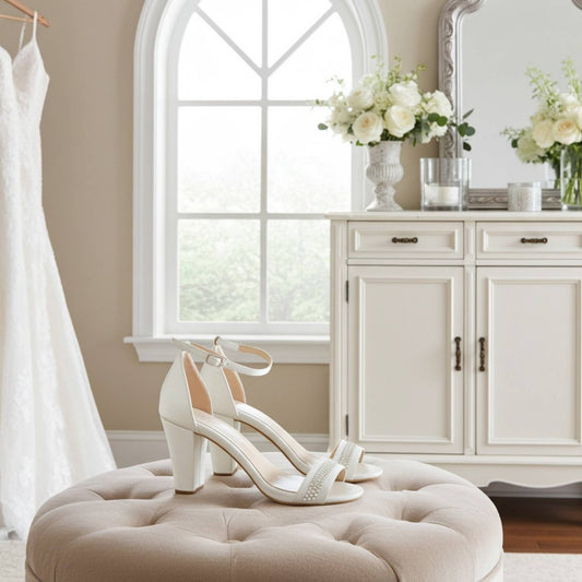 Ivory high-heeled crystal bridal shoes on a beige ottoman with a wedding dress and flowers in the background.