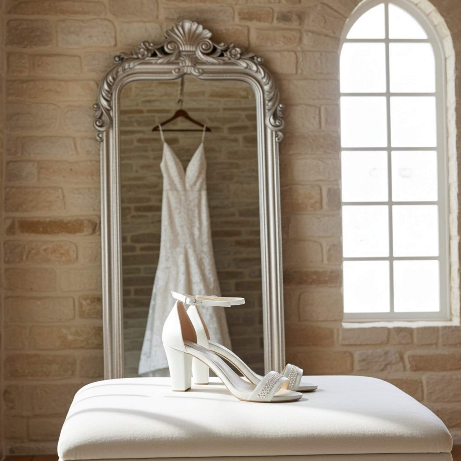 Block heel crystal bridal shoes with wedding dress reflected in a large ornate mirror.
