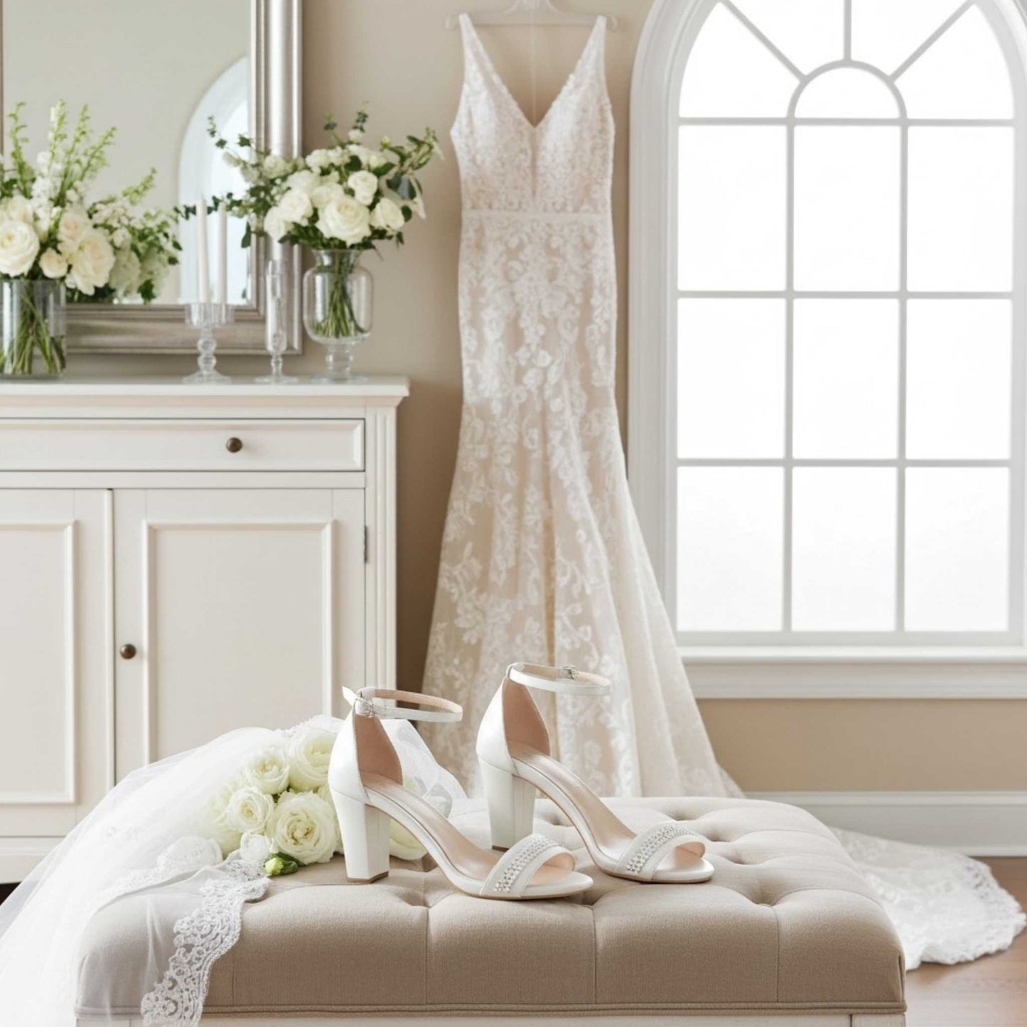 White wedding dress on a stand with ivory open-toe shoes and flowers on a stool in a room.