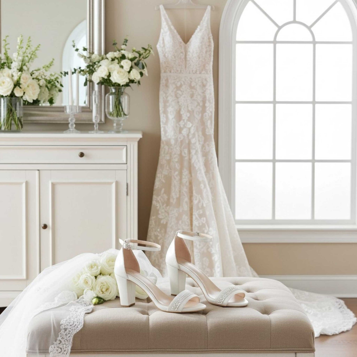 White wedding dress on a stand with ivory open-toe shoes and flowers on a stool in a room.
