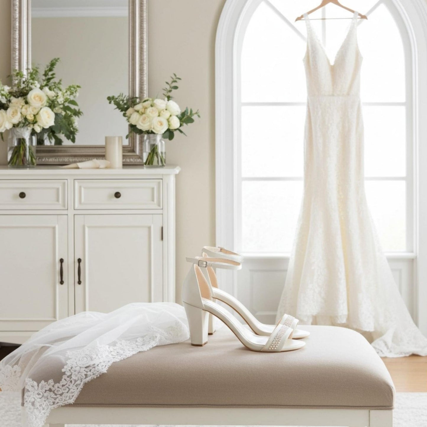 White wedding dress hanging in a room with ivory block heel shoes and a veil on a bench.