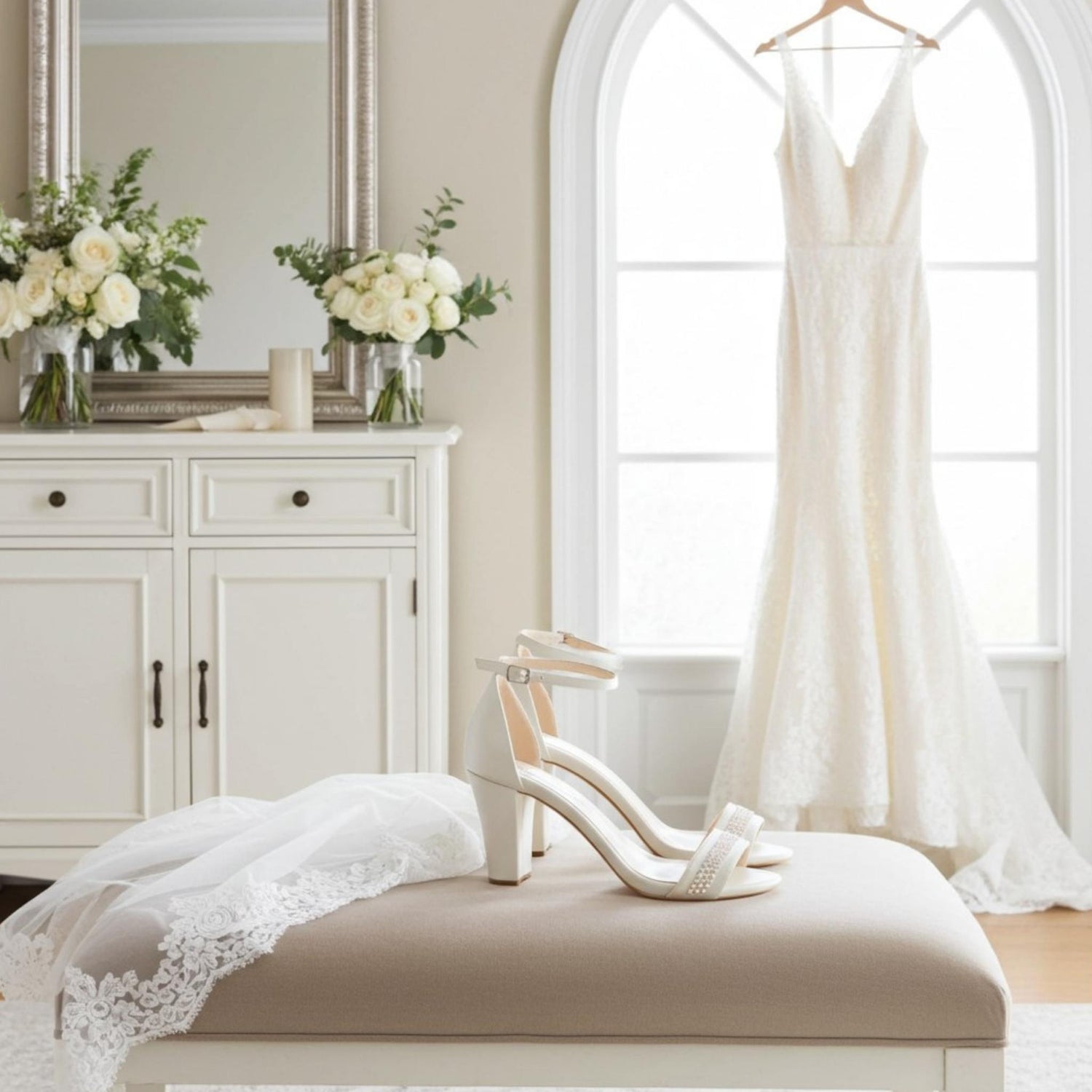 White wedding dress hanging in a room with ivory block heel shoes and a veil on a bench.
