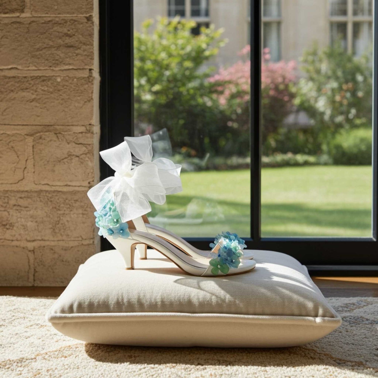 Ivory kitten heel bridal shoes with floral decorations on a cushion in front of a window with a garden view.