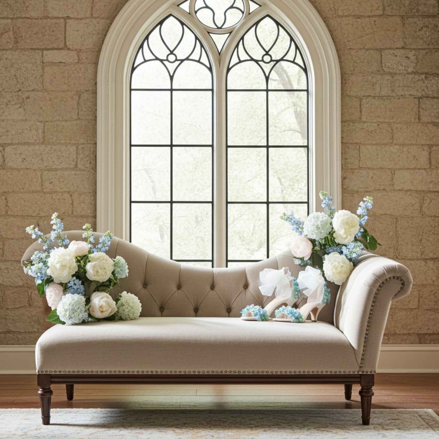 Beige chaise lounge with floral bridal shoes and arrangements against a stone wall and large window.