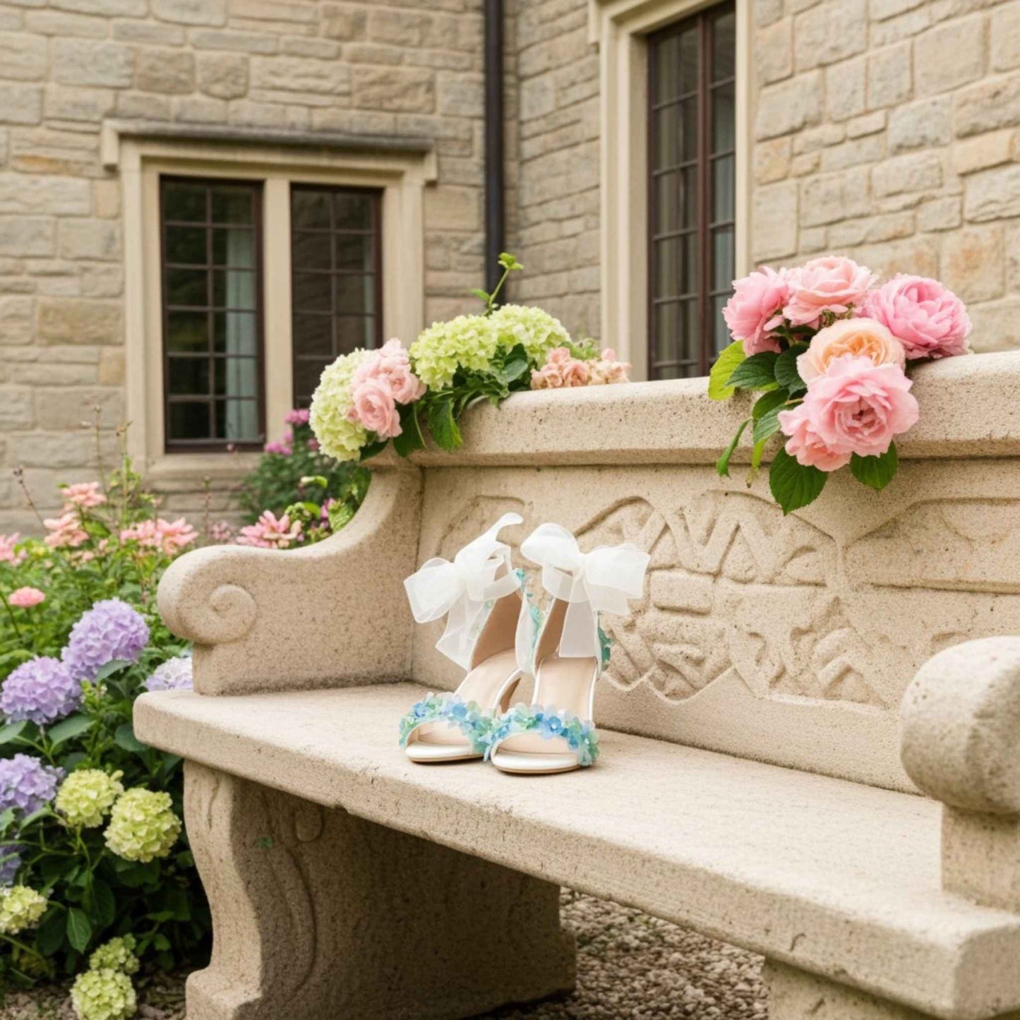 Stone bench with floral arrangements and floral bridal sandals on a stone building background