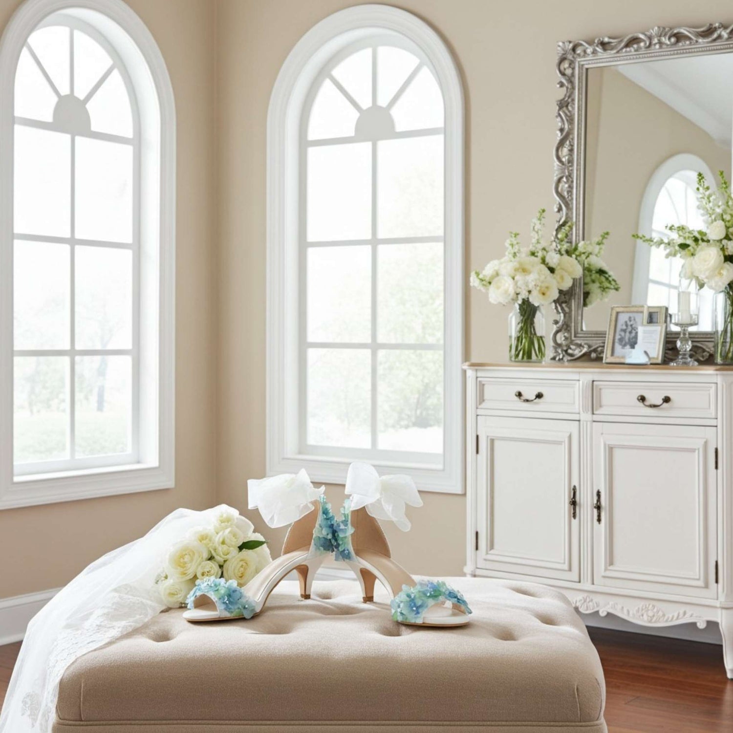 Decorative shoes with floral details on a bed in a stylish bedroom.