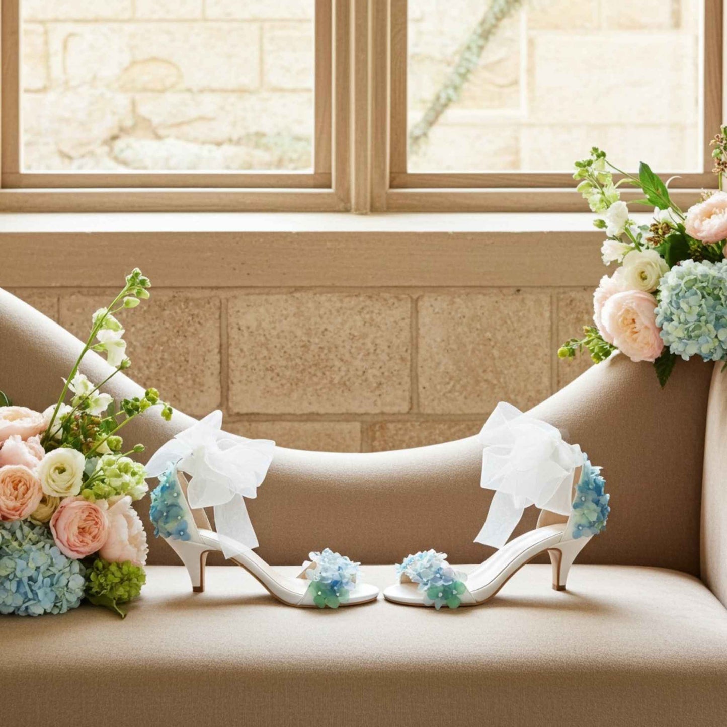 Ivory high-heeled shoes with floral decorations on a beige surface near a window.