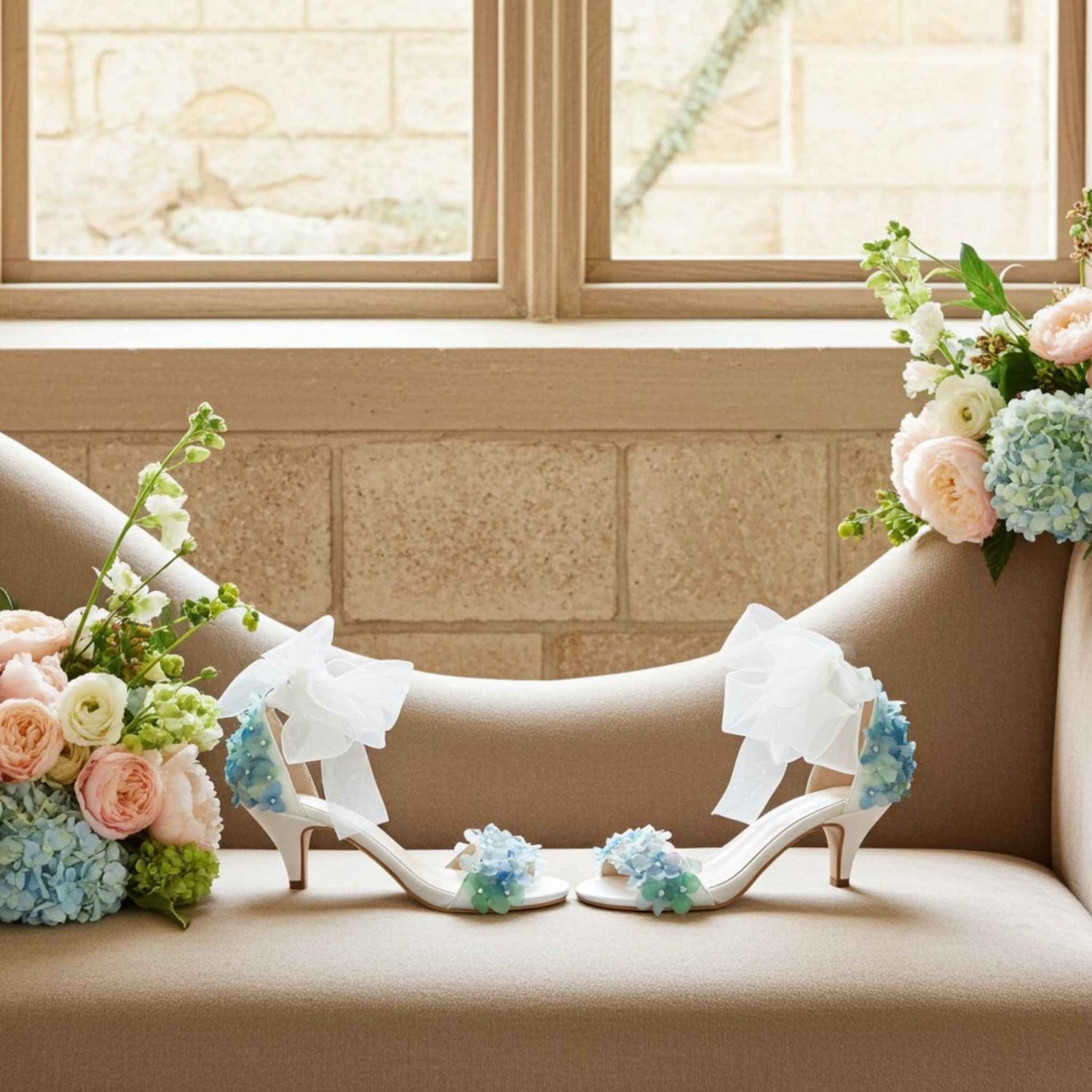 Ivory high-heeled shoes with floral decorations on a beige surface near a window.