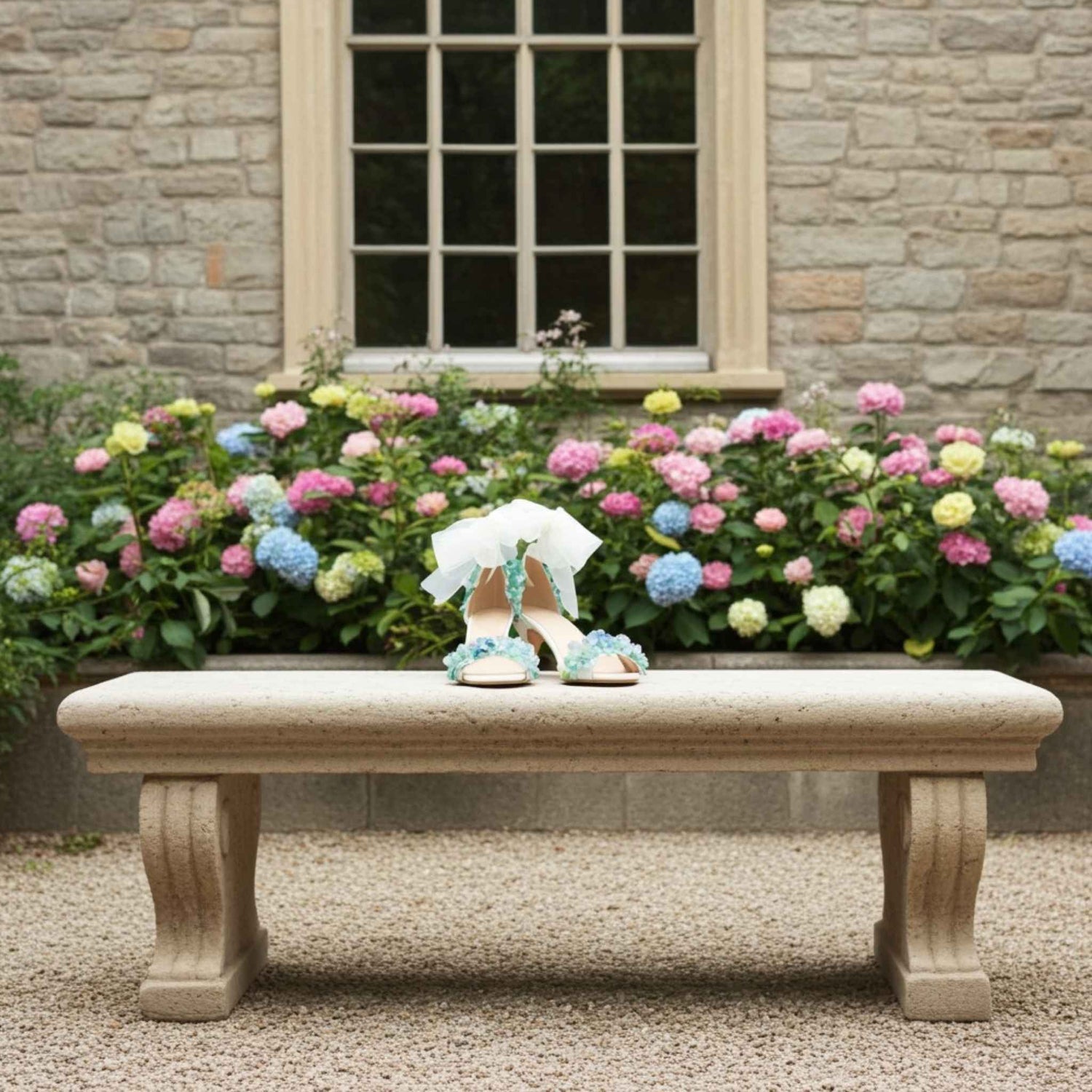 Pair of floral bridal shoes on a stone bench with flowers in the background