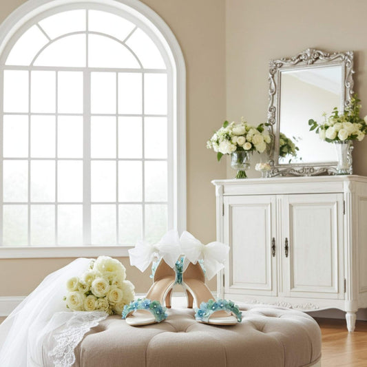 Bridal shoes with floral decorations on a beige ottoman in a room with a large window and decorative mirror.