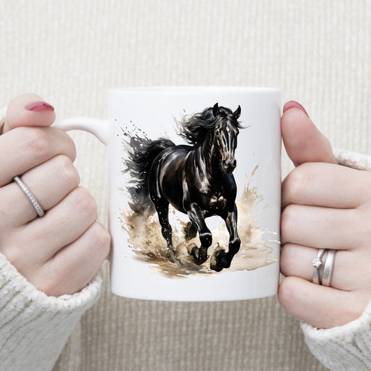 Black stallion horse running through muddy water. Image on a white ceramic mug being held with both hands by a woman.