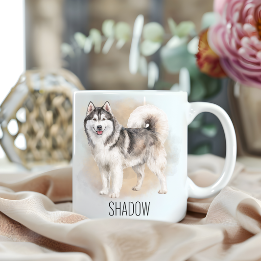 Personalised coffee mug featuring a Husky on a white ceramic mug which has been placed on a beige cloth. A large pink flower with green foliage accessorizes the image.