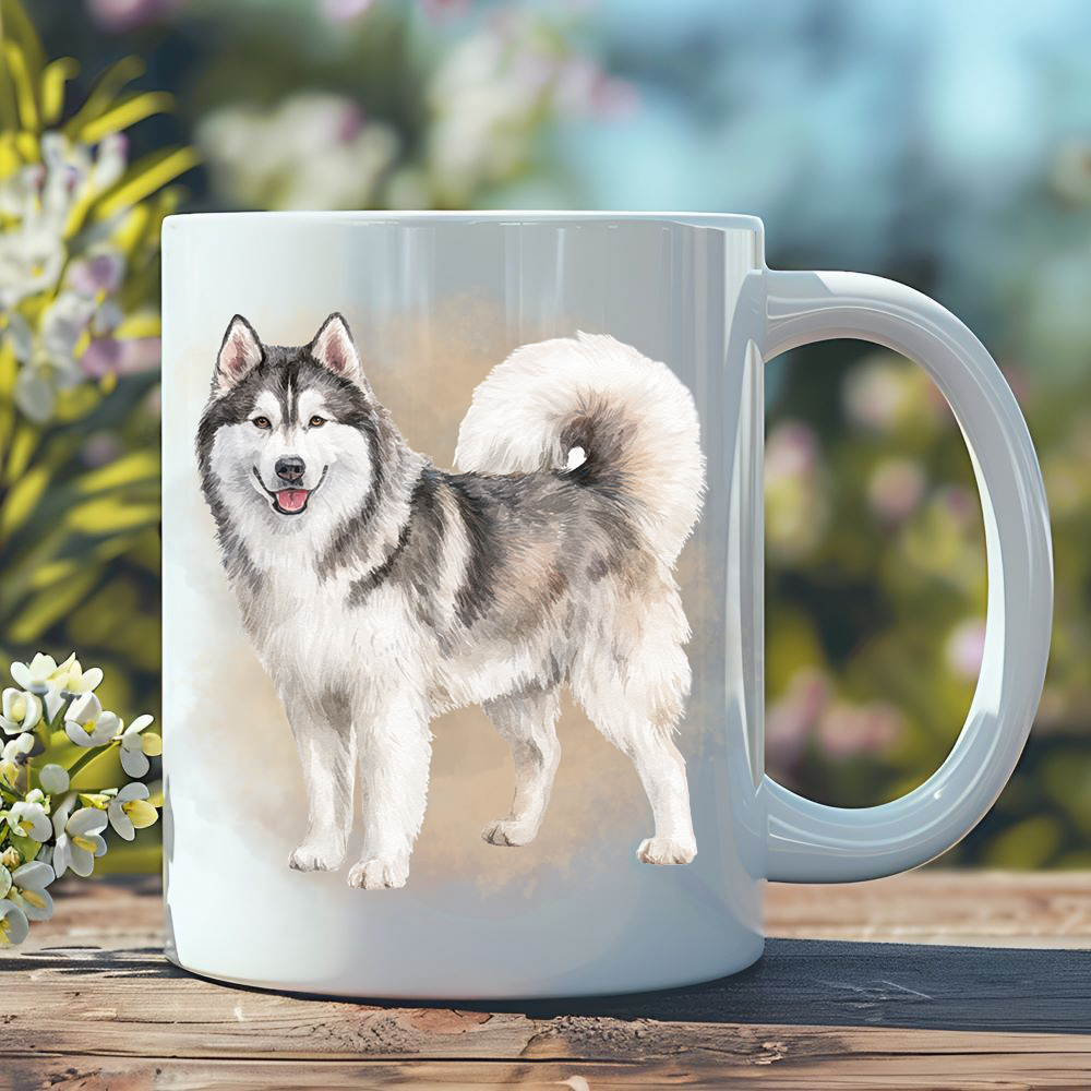 Bright white and lilac flowers in an outdoor setting set the scene for this lovely ceramic mug depicting a smiling Husky.  The mug is placed on a rustic wooden surface
