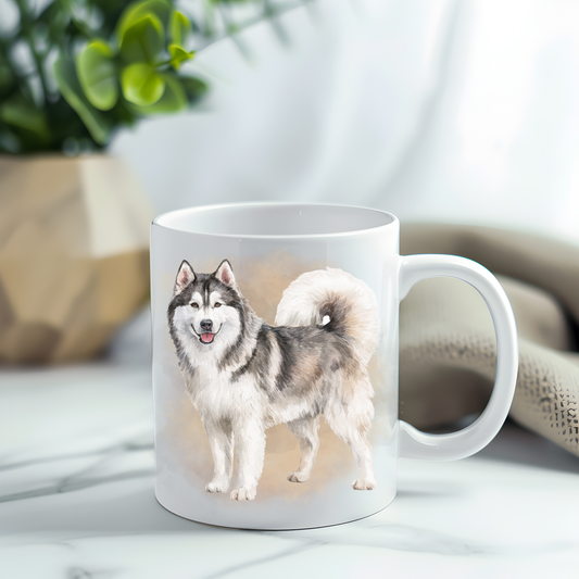 This coffee mug features a Husky on a white ceramic mug which has been placed on a grey marble surface.  A  green plant sits in the left corner.