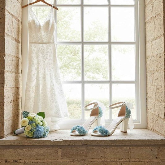 Ivory wedding dress, bridal shoes with blue flowers, and bouquet on a windowsill.
