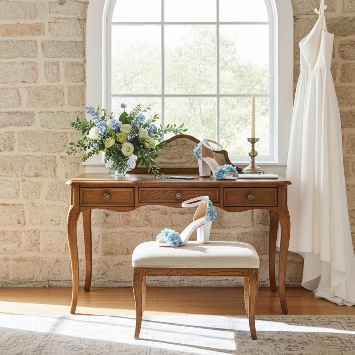 Wooden vanity table with mirror, flowers, and high heel bridal shoe with floral accents in a room with brick walls and a window.
