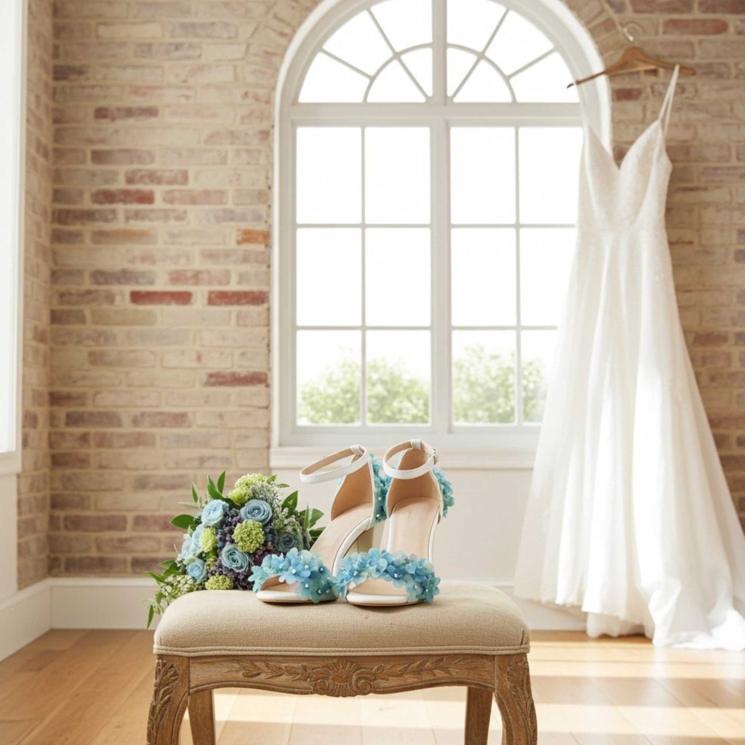Ivory wedding dress hanging on a brick wall with a window, accompanied by a bouquet and open-toe wedding shoes on a bench.