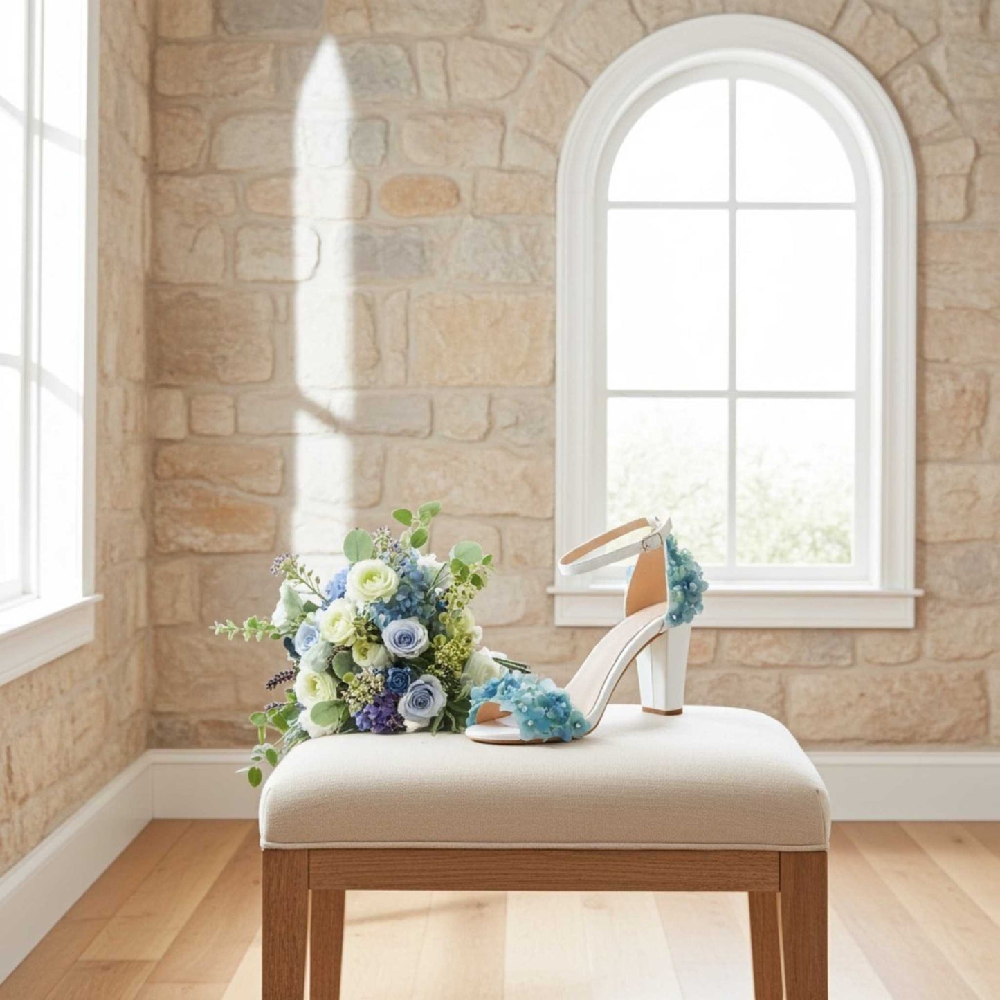 Ivory high-heeled wedding shoe with floral design on a cushioned stool against a stone wall.