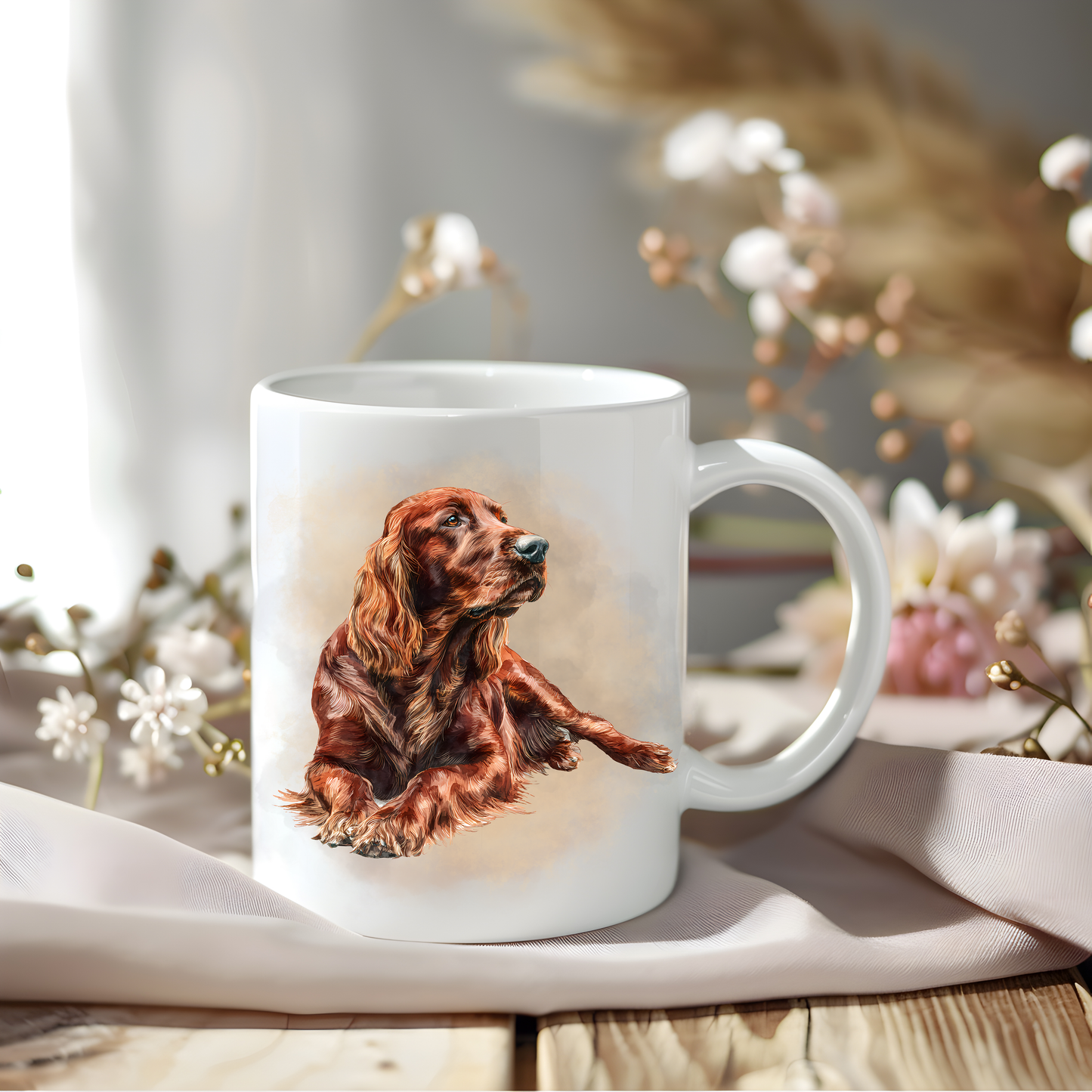An Irish Setter coffee mug.  The mug is sat on a wooden surface with a creamy coloured cloth and various flowers adorn the background.