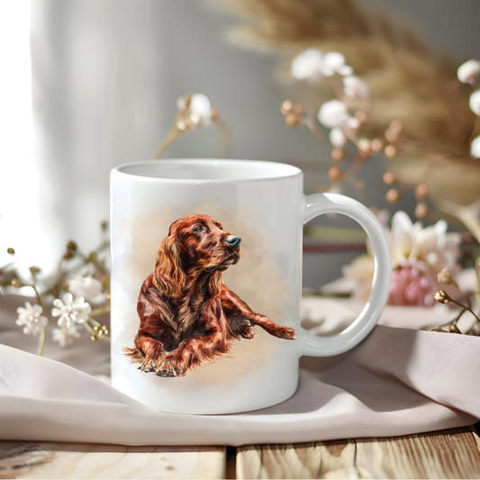 An Irish Setter coffee mug. The mug is sat on a wooden surface with a creamy coloured cloth and various flowers adorn the background.