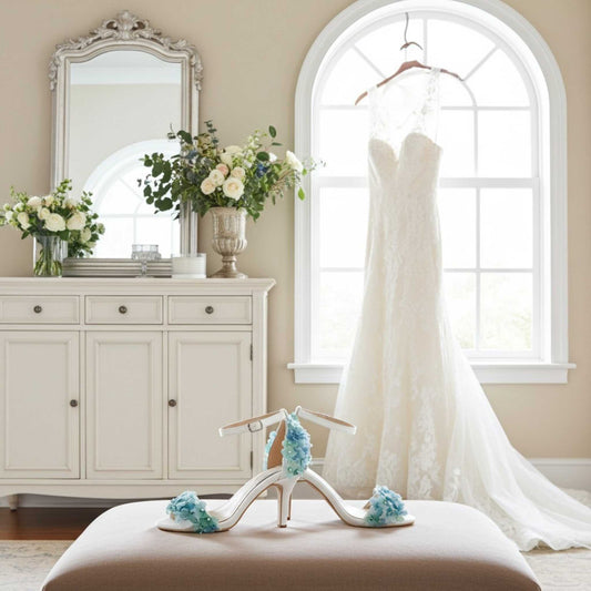 White wedding dress hanging by a window with floral arrangements and floral bridal shoes on a stool.