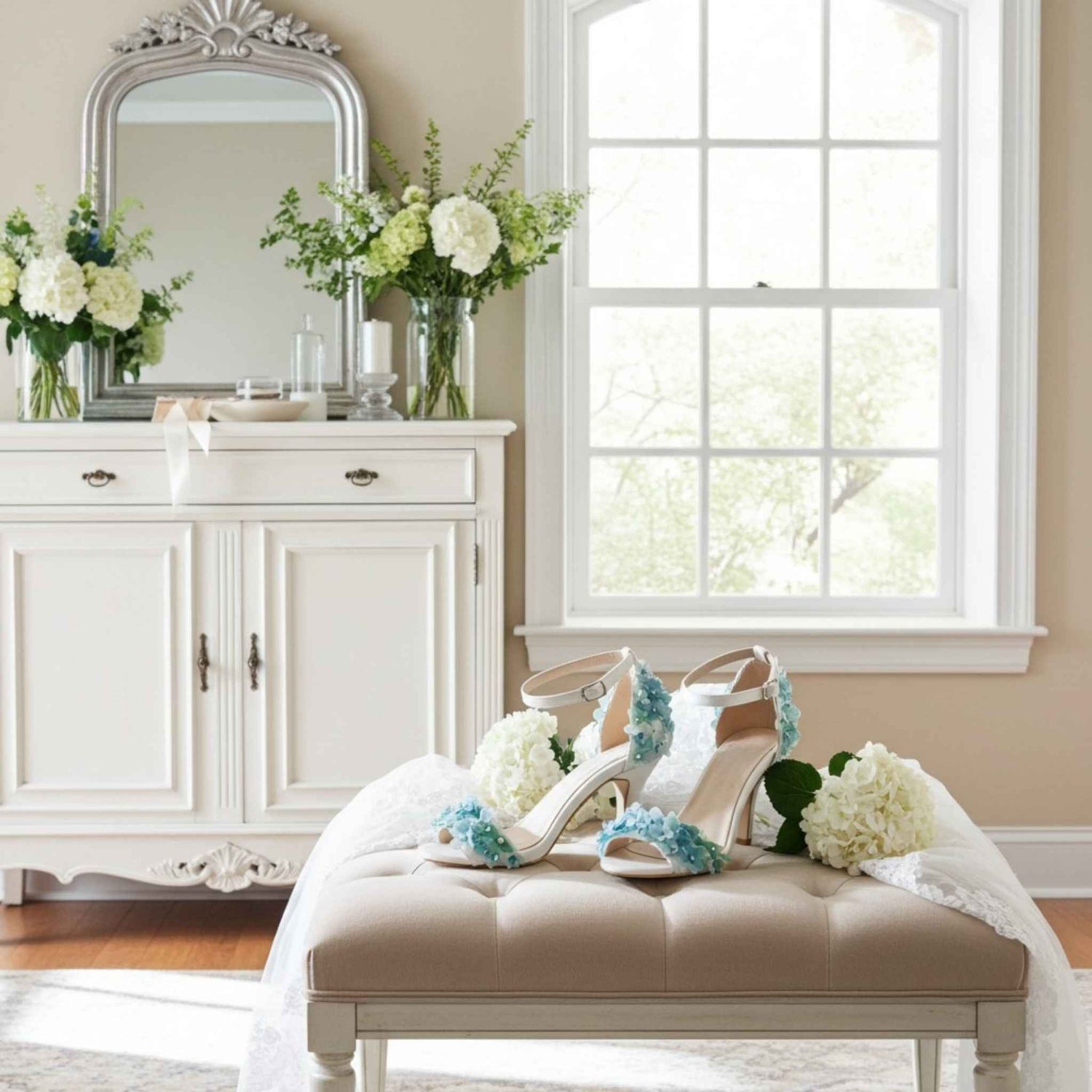 Ivory high-heeled shoes with floral decorative elements on a beige ottoman in a bright room with flowers and a mirror.