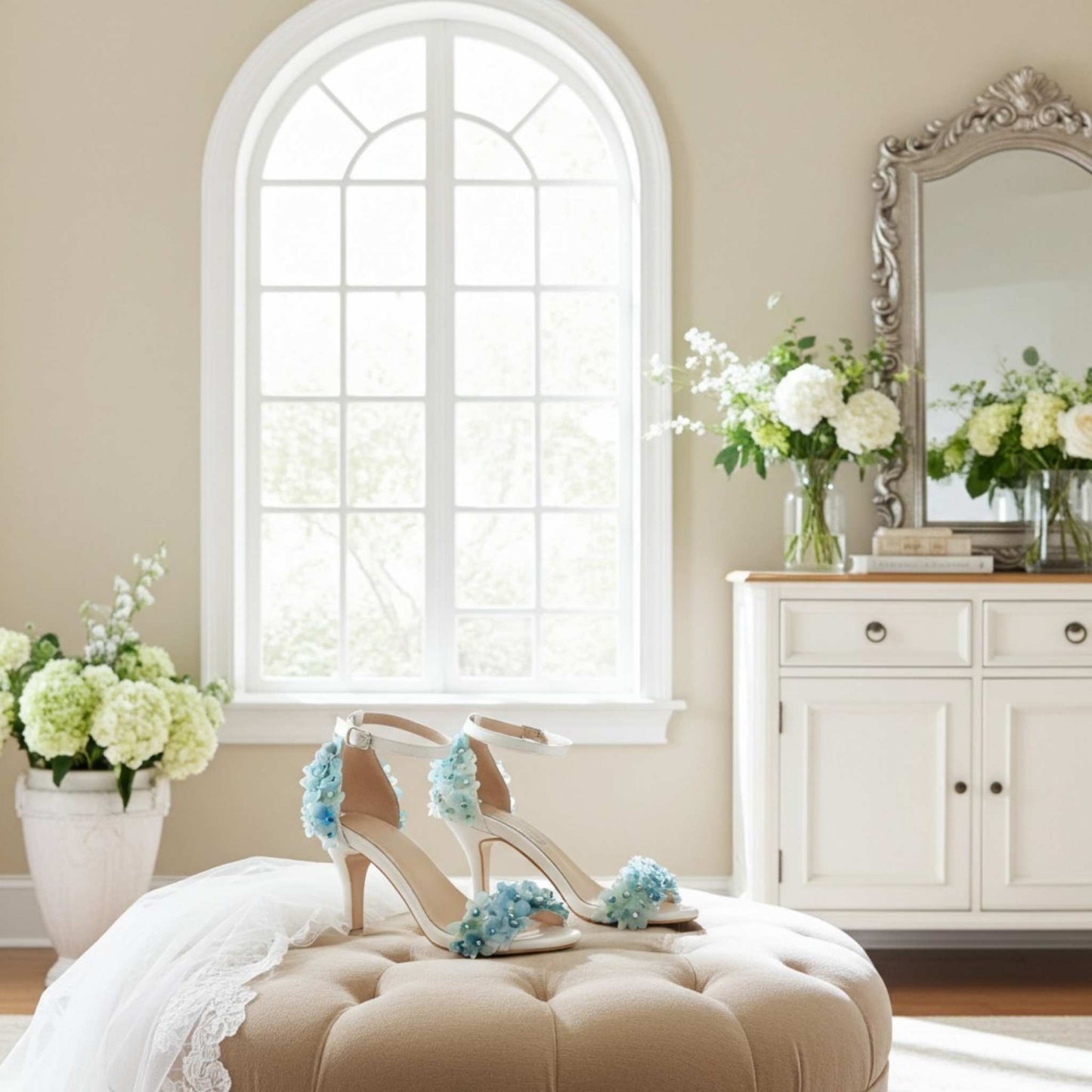 Pair of high-heeled shoes with decorative flowers on a beige ottoman in a room with a large window and decorative mirror.