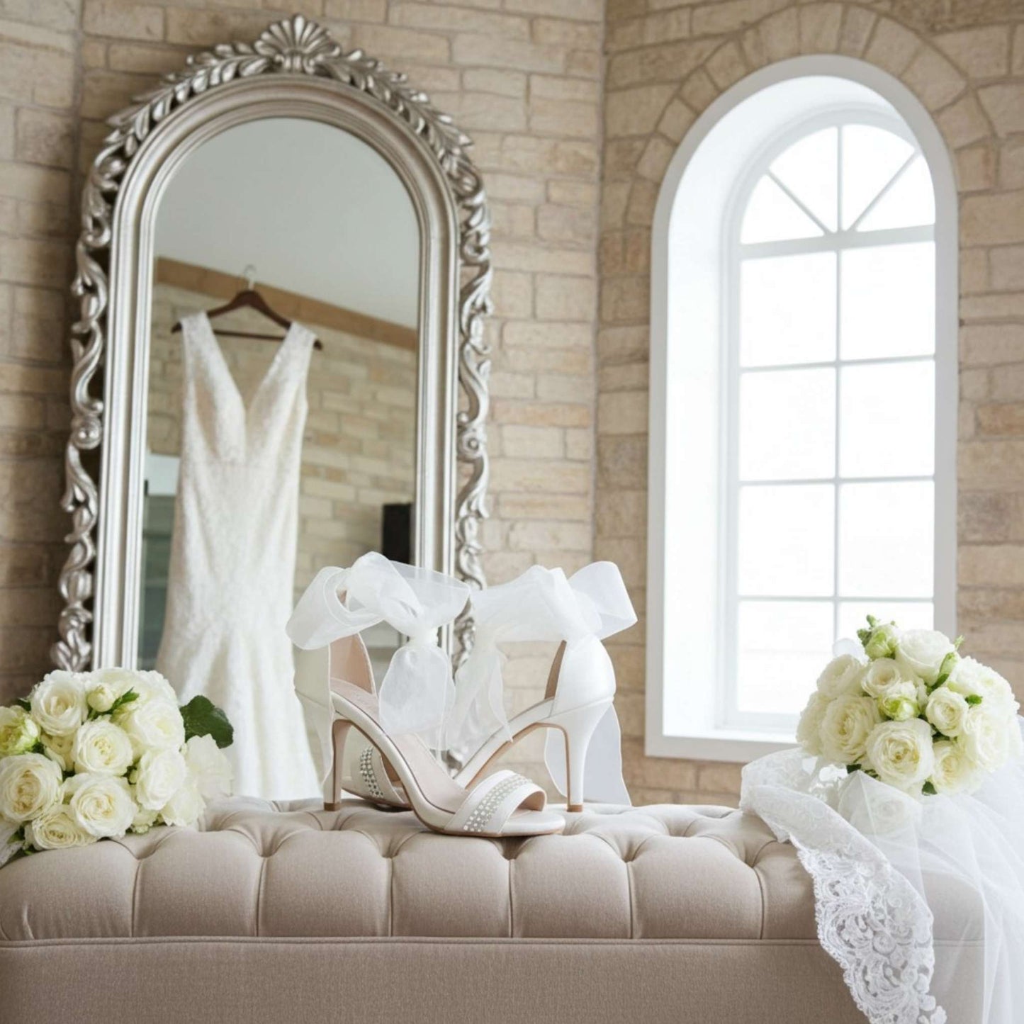 Wedding dress, high heel bridal shoes, and flowers on a bench with a large mirror in the background.